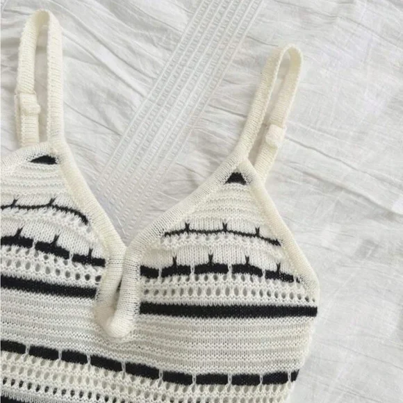 SHEIN Cream and Black Striped Crochet Midi Dress - Picture 4 of 15